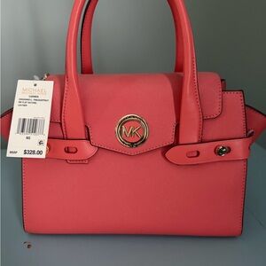 Michael Kors Coral Saffiano Leather Satchel with Gold MK Emblem